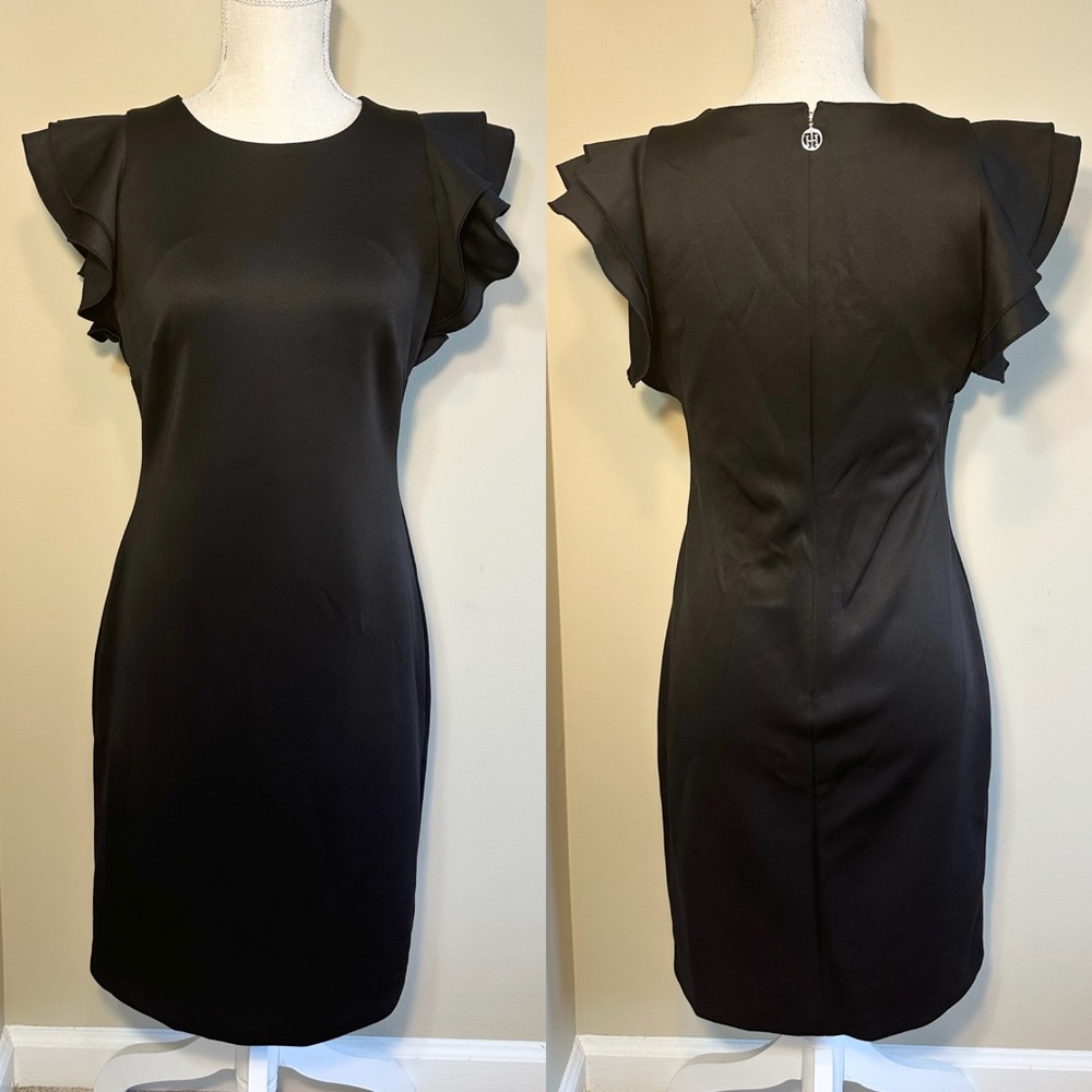Tommy Hilfiger 4 Black Dress Knee Length Flutter Sleeve Logo Back Zip Solid